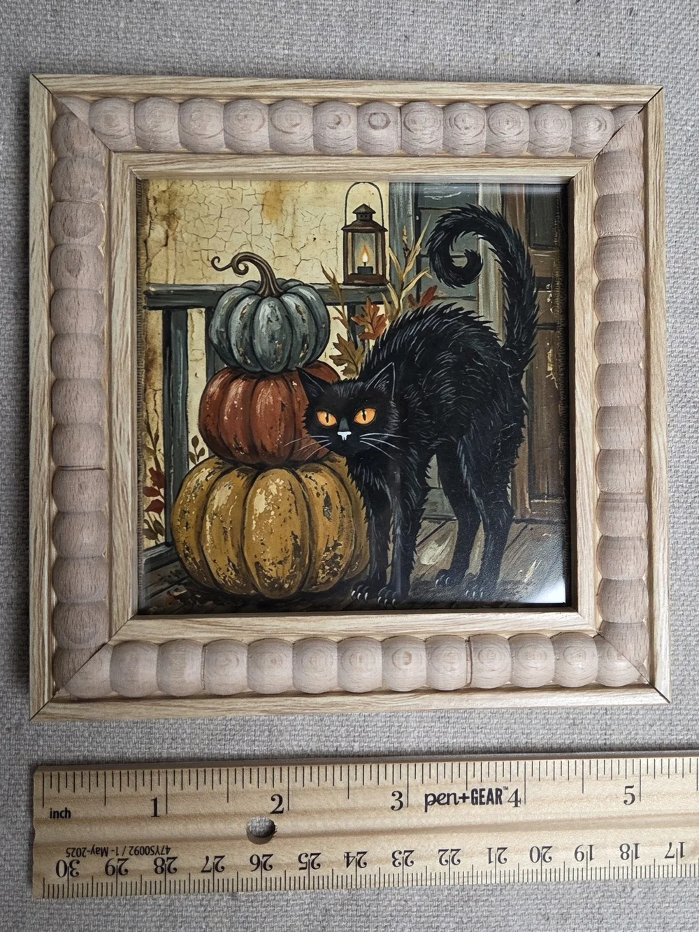 Hand Crafted Beige Framed Halloween Art - Black Cat & Pumpkinhead